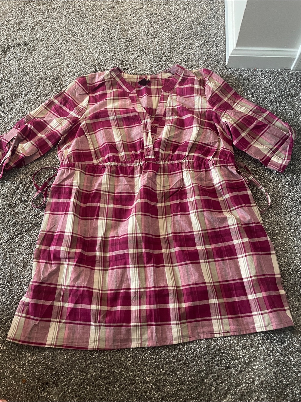 Motherhood Pink Plaid Tunic Top with Drawstring Waist